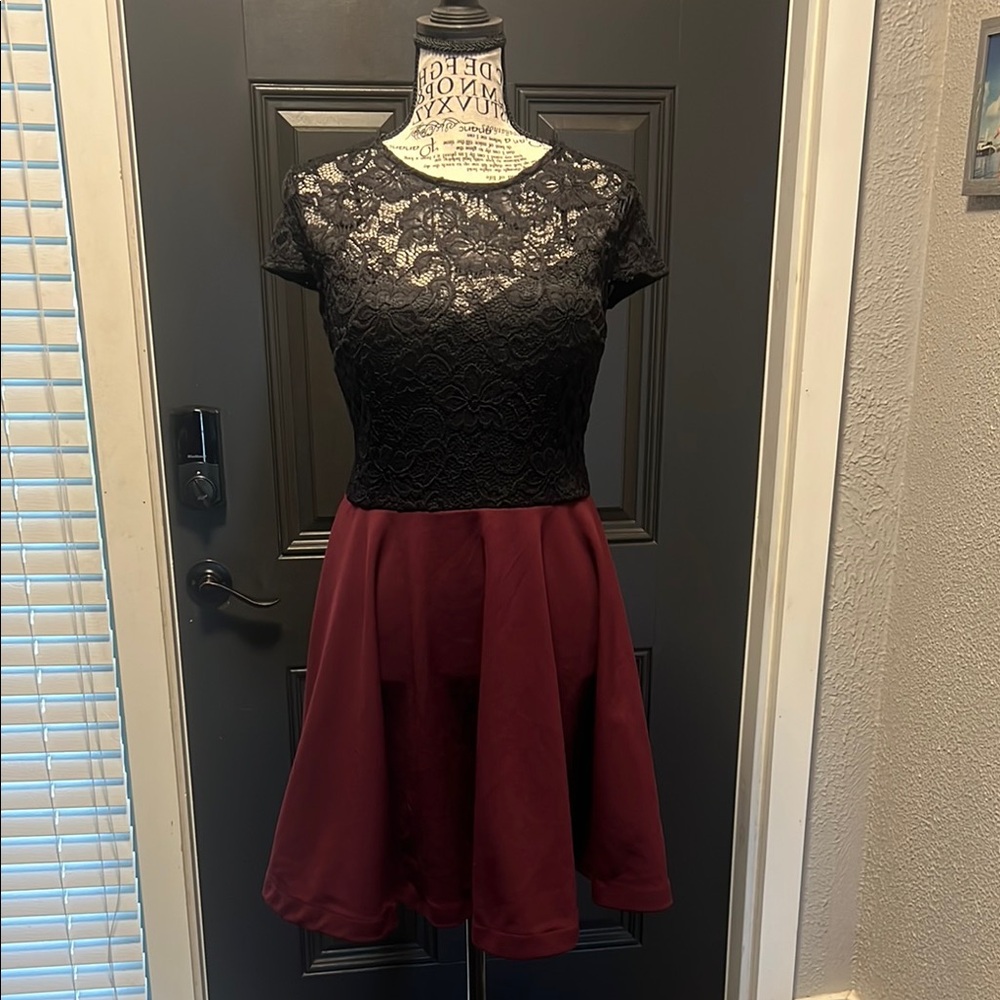 B. Smart Black and Burgundy Lace Dress